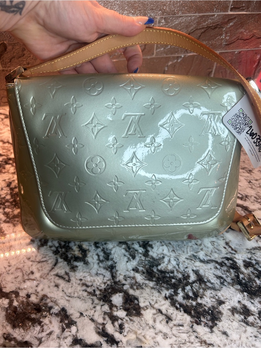 Louis Vuitton Patent Monogram Crossbody in Pale Green with Tan Strap w/COA